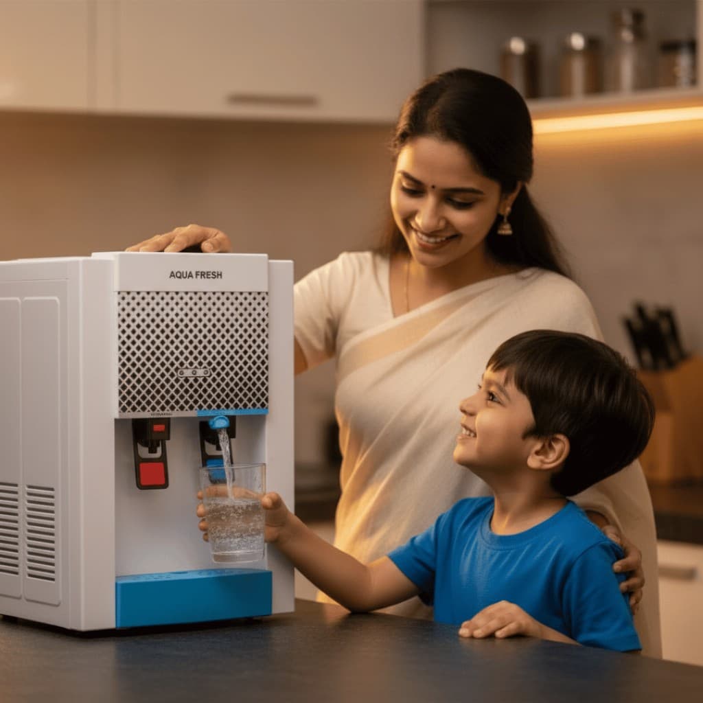 Family using an Aqua Fresh water purifier in the kitchen